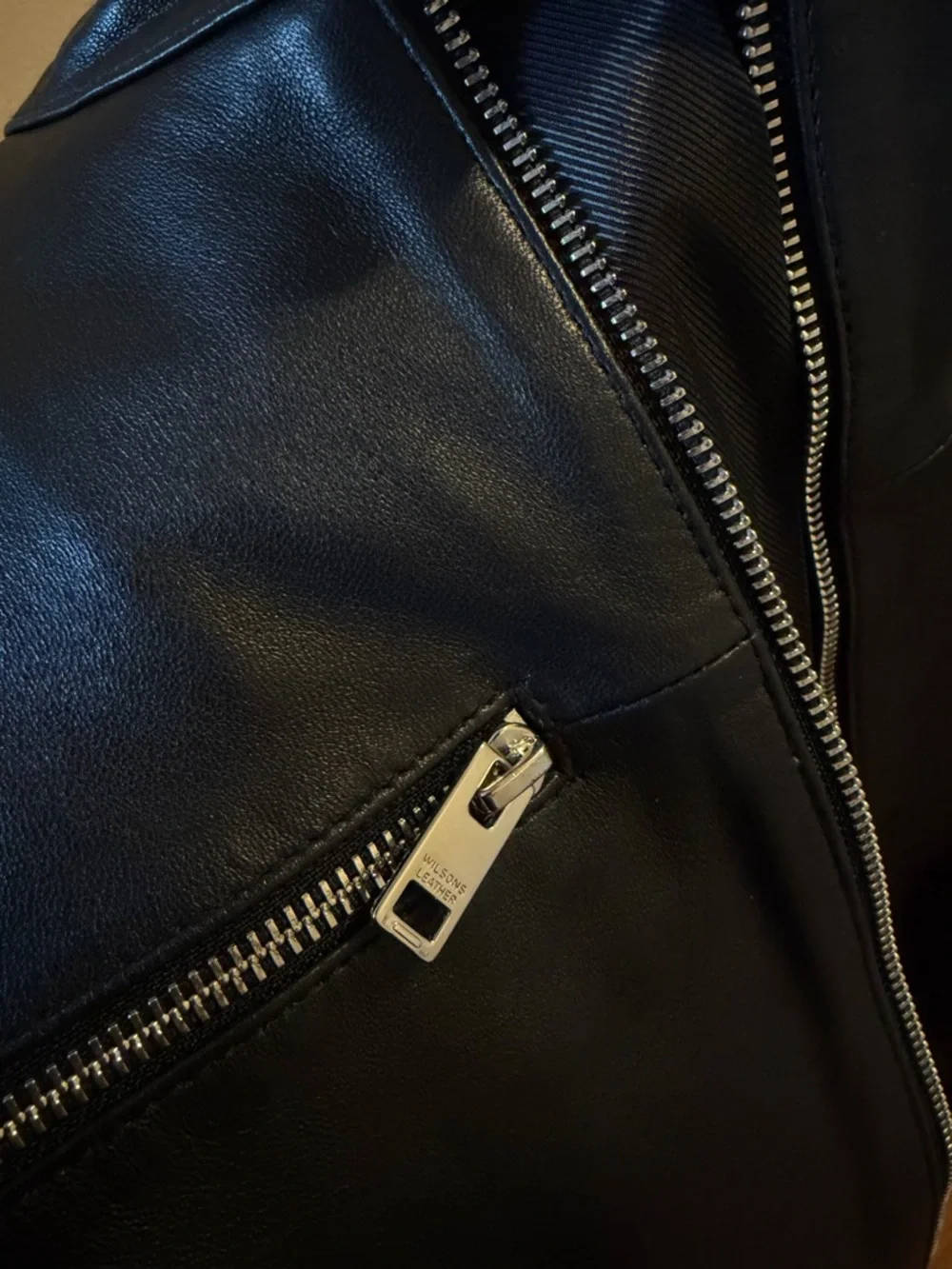 Wilsons Leather Black Leather Jacket with White Sleeve Stripes - Picture 9 of 10